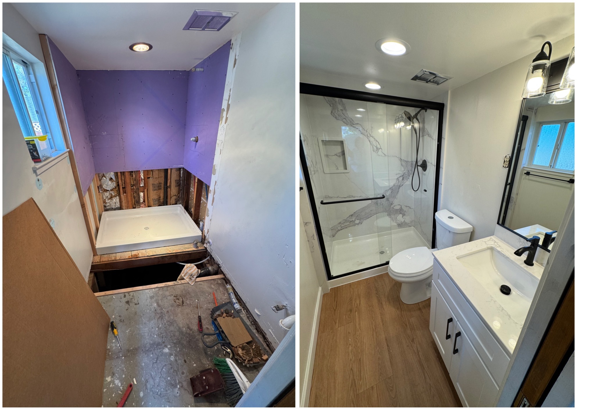 Bathroom remodeling before and after with new shower, vanity, lighting, and flooring