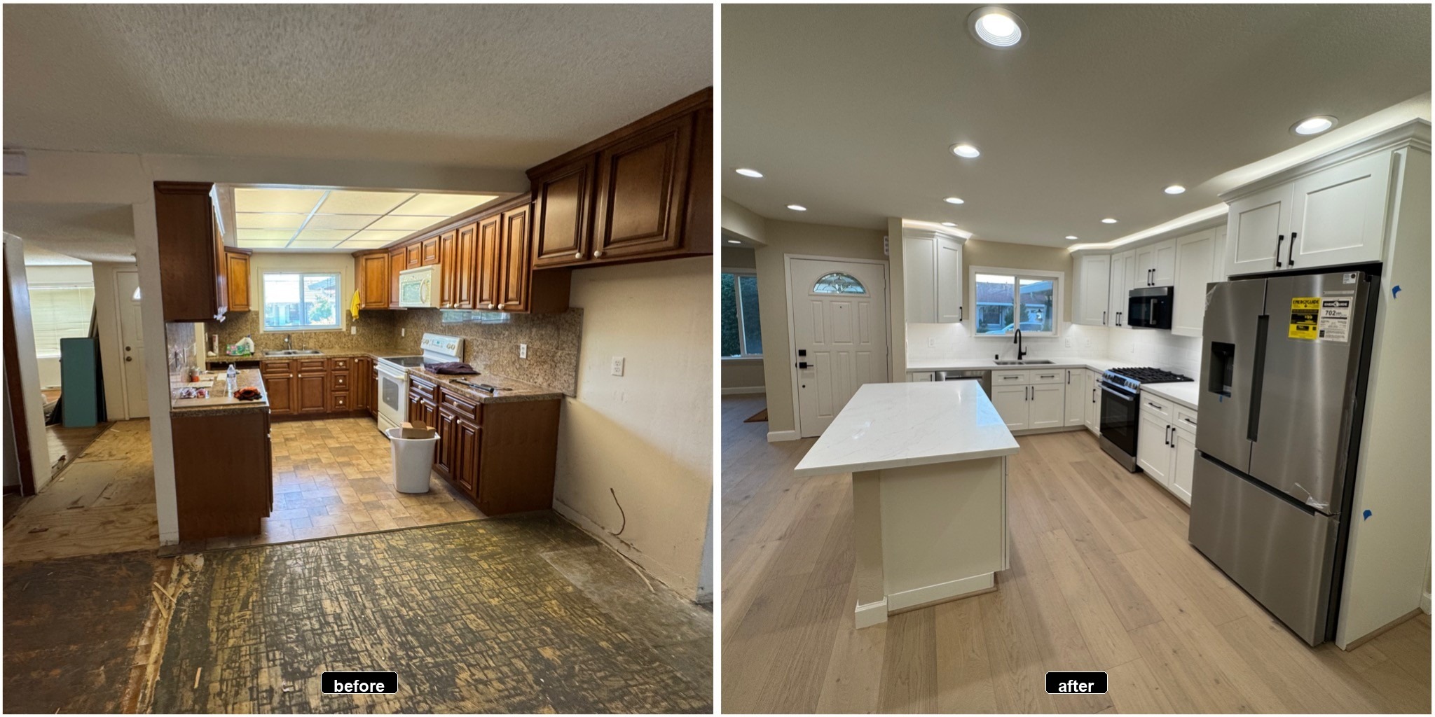 Kitchen remodeling before and after labeled with before and after photos